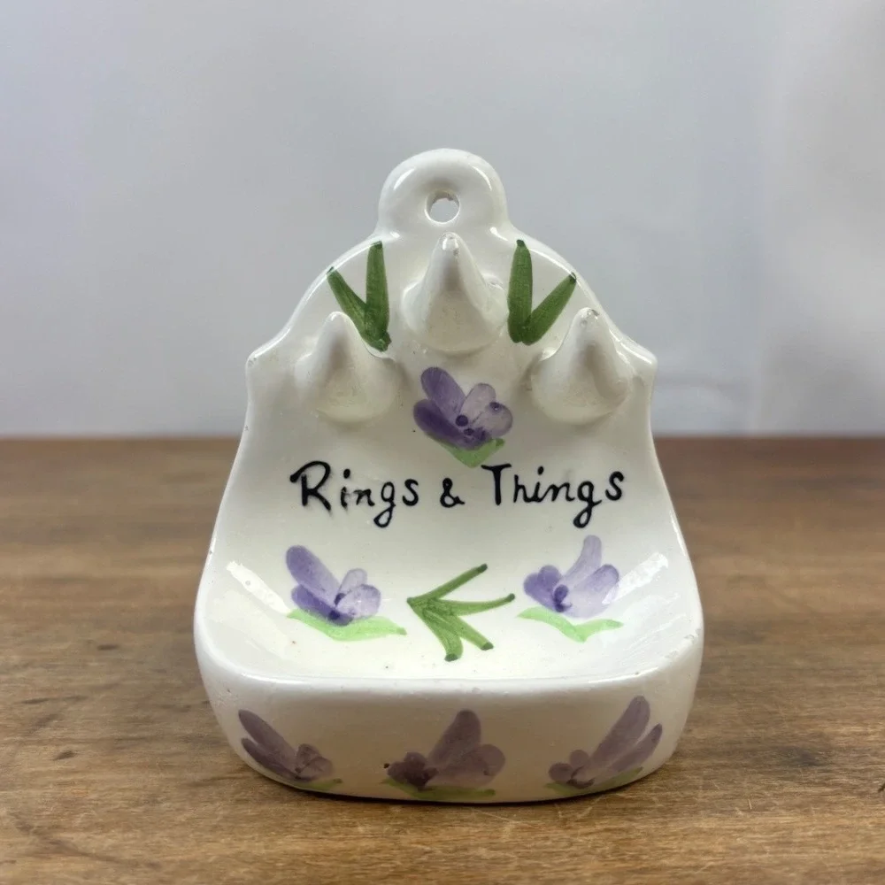 Vintage Rings & Things Ceramic Wall Mounted Ring Holder Floral Trinket cottage